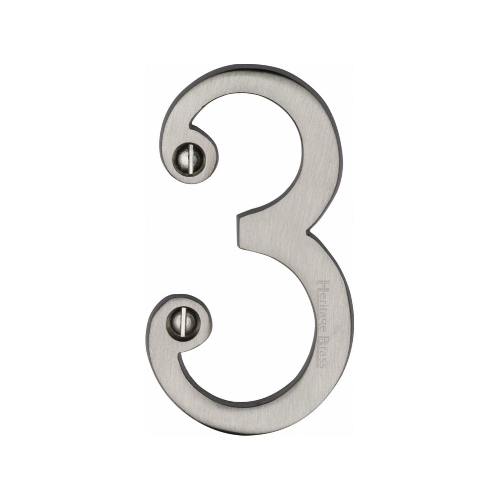 This is an image of a Heritage Brass - Numeral 3 Face Fix 76mm (3") Satin Nickel Finish, c1560-3-sn that is available to order from T.H Wiggans Ironmongery in Kendal.