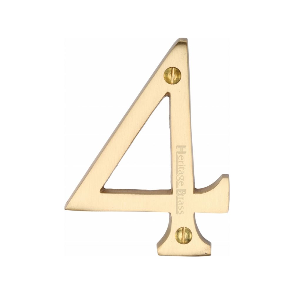 This is an image of a Heritage Brass - Numeral 4 Face Fix 76mm (3") Satin Brass Finish, c1560-4-sb that is available to order from T.H Wiggans Ironmongery in Kendal.