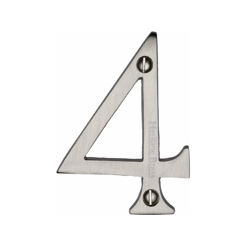 This is an image of a Heritage Brass - Numeral 4 Face Fix 76mm (3") Satin Nickel Finish, c1560-4-sn that is available to order from T.H Wiggans Ironmongery in Kendal.