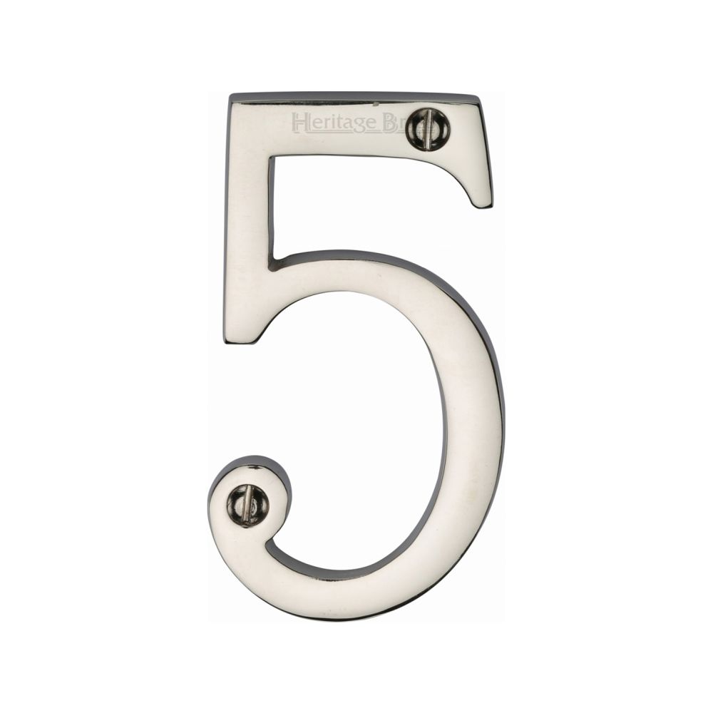 This is an image of a Heritage Brass - Numeral 5 Face Fix 76mm (3") Polished Nickel Finish, c1560-5-pnf that is available to order from T.H Wiggans Ironmongery in Kendal.