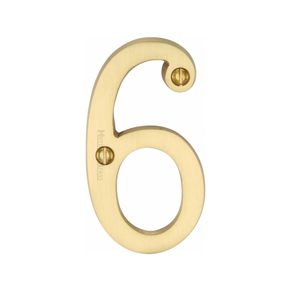 This is an image of a Heritage Brass - Numeral 6 Face Fix 76mm (3") Satin Brass Finish, c1560-6-sb that is available to order from T.H Wiggans Ironmongery in Kendal.