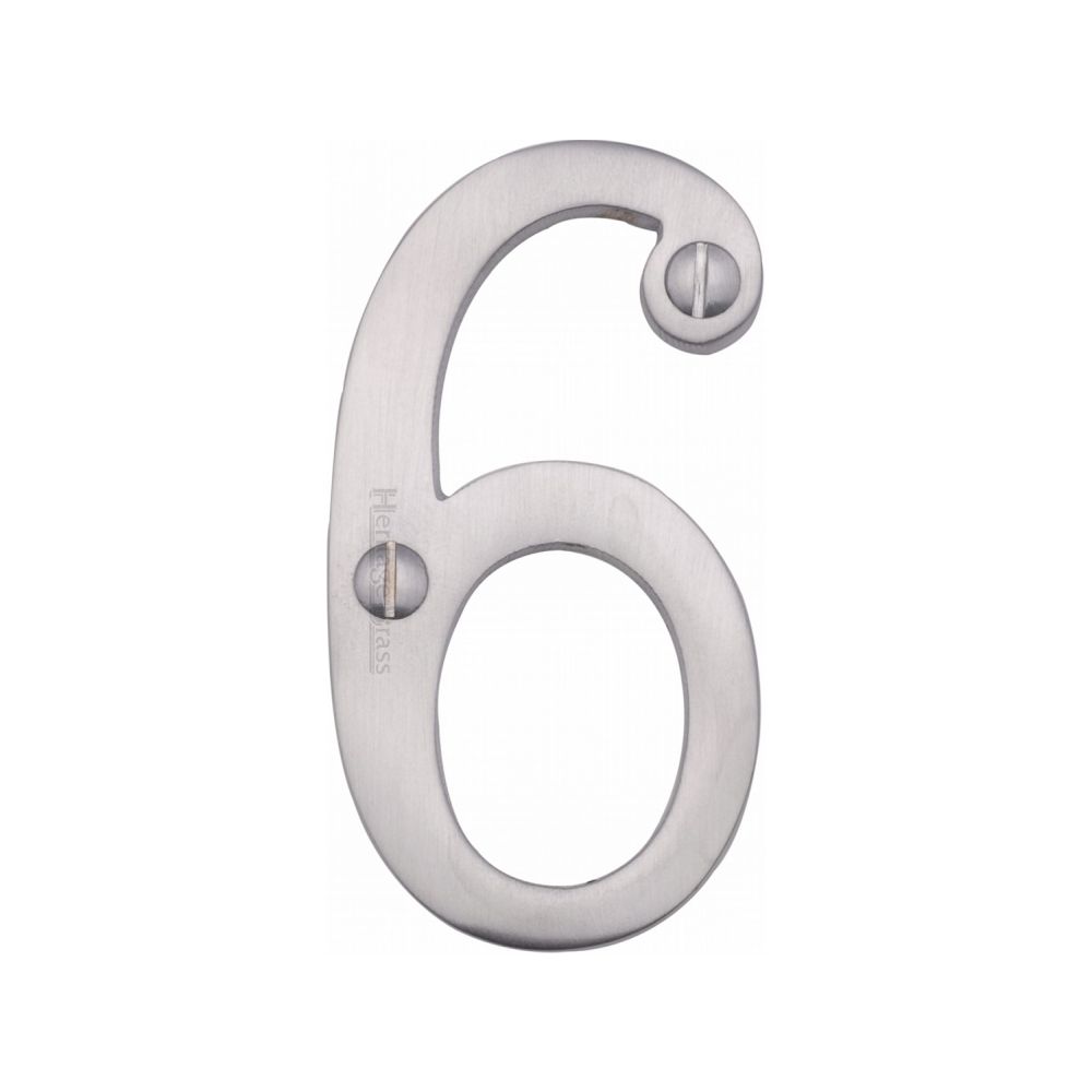 This is an image of a Heritage Brass - Numeral 6 Face Fix 76mm (3") Satin Chrome Finish, c1560-6-sc that is available to order from T.H Wiggans Ironmongery in Kendal.