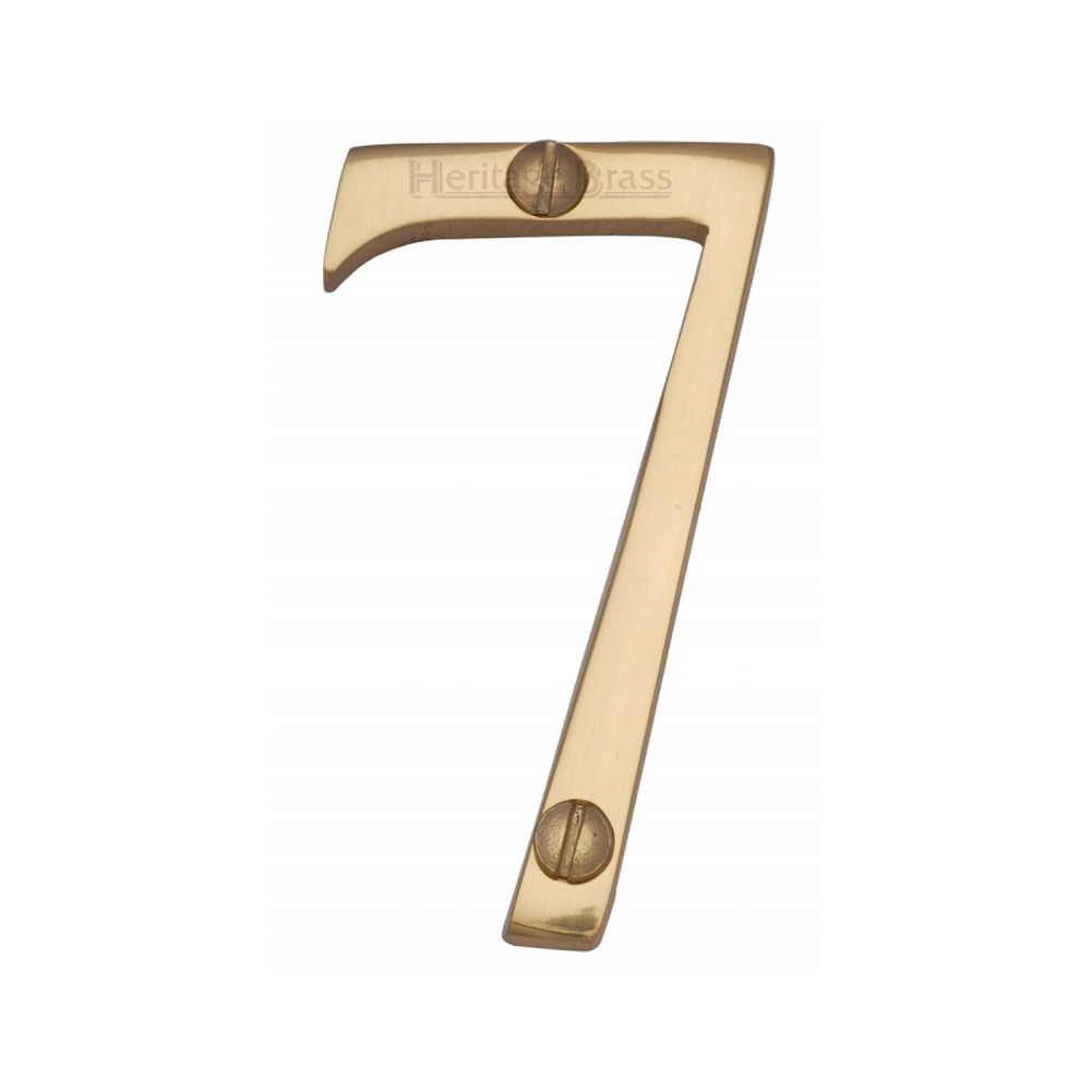 This is an image of a Heritage Brass - Numeral 7 Face Fix 76mm (3") Polished Brass Finish, c1560-7-pb that is available to order from T.H Wiggans Ironmongery in Kendal.
