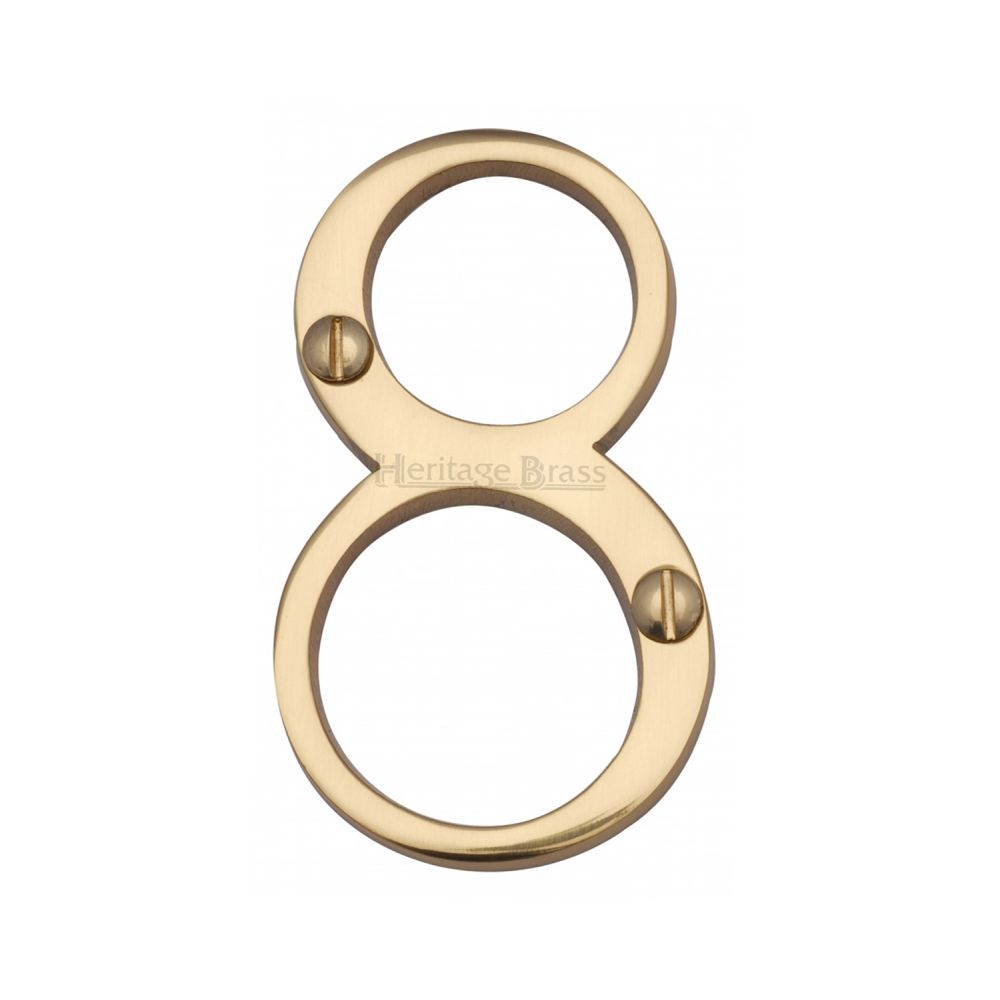 This is an image of a Heritage Brass - Numeral 8 Face Fix 76mm (3") Polished Brass Finish, c1560-8-pb that is available to order from T.H Wiggans Ironmongery in Kendal.