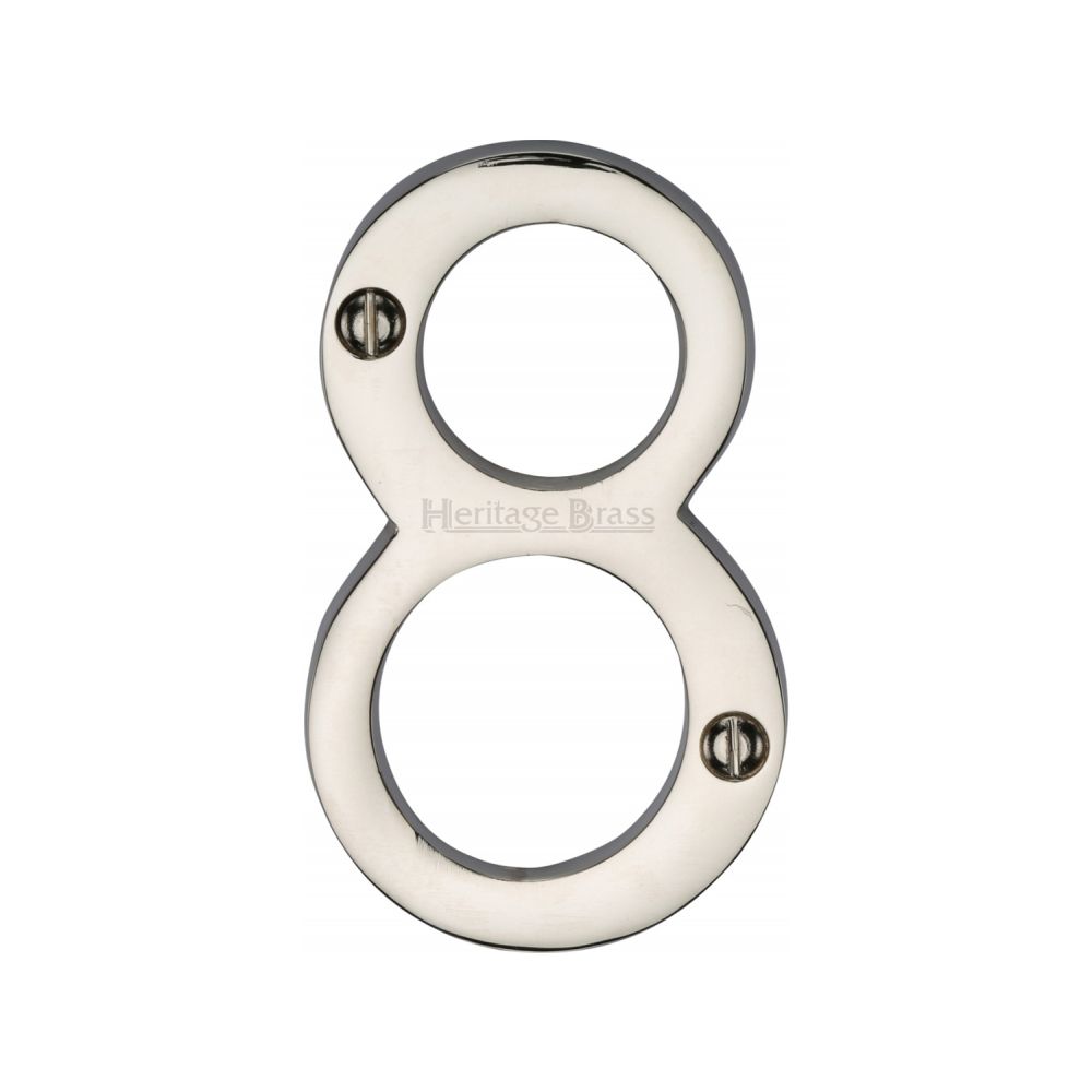 This is an image of a Heritage Brass - Numeral 8 Face Fix 76mm (3") Polished Nickel Finish, c1560-8-pnf that is available to order from T.H Wiggans Ironmongery in Kendal.