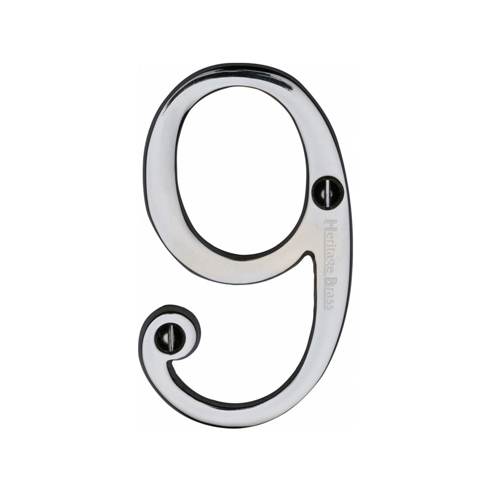 This is an image of a Heritage Brass - Numeral 9 Face Fix 76mm (3") Polished Chrome Finish, c1560-9-pc that is available to order from T.H Wiggans Ironmongery in Kendal.