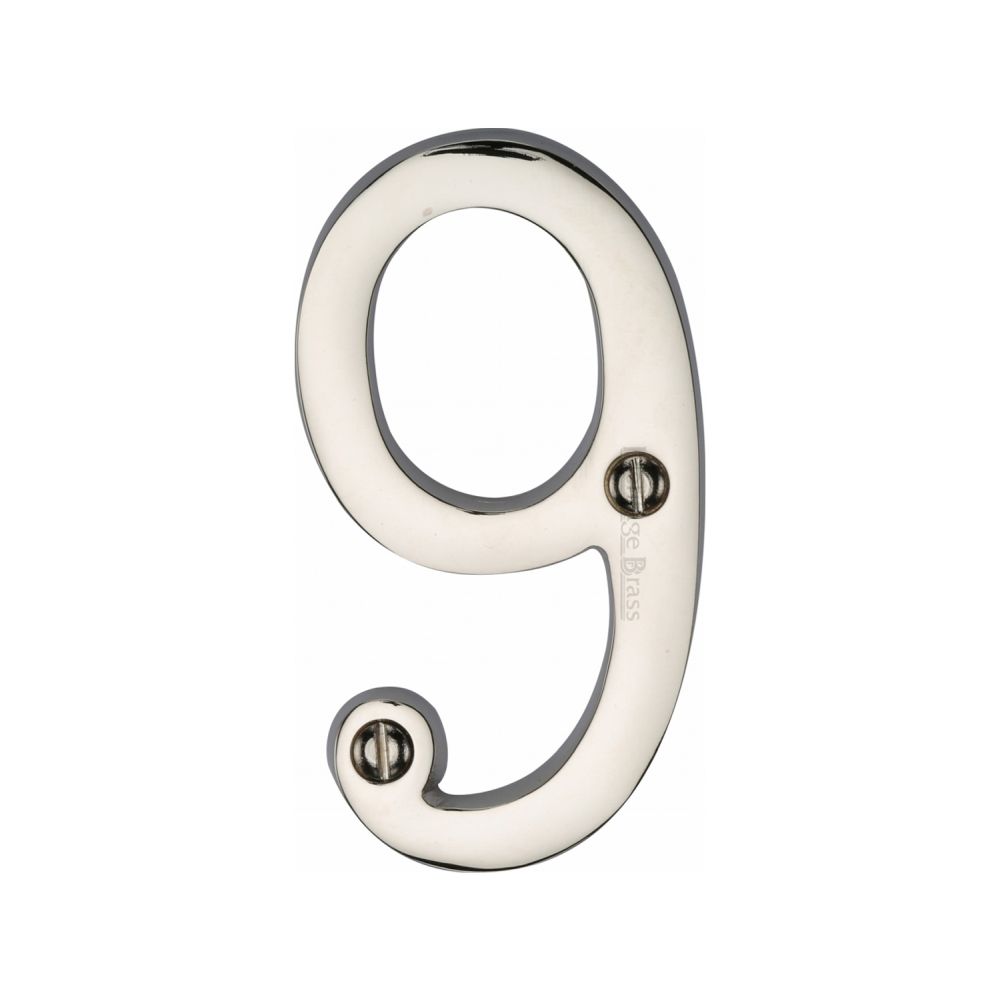 This is an image of a Heritage Brass - Numeral 9 Face Fix 76mm (3") Polished Nickel Finish, c1560-9-pnf that is available to order from T.H Wiggans Ironmongery in Kendal.