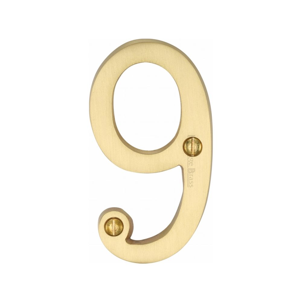This is an image of a Heritage Brass - Numeral 9 Face Fix 76mm (3") Satin Brass Finish, c1560-9-sb that is available to order from T.H Wiggans Ironmongery in Kendal.