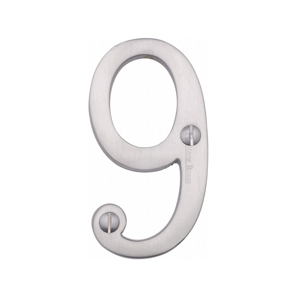 This is an image of a Heritage Brass - Numeral 9 Face Fix 76mm (3") Satin Chrome Finish, c1560-9-sc that is available to order from T.H Wiggans Ironmongery in Kendal.