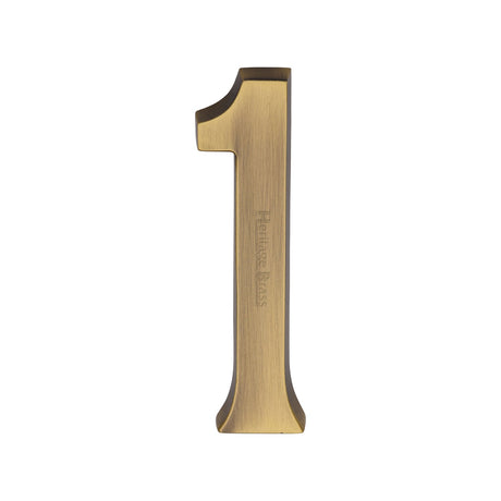 This is an image of a Heritage Brass - Numeral 1 Concealed Fix 76mm (3") Antique Brass finish, c1564-1-at that is available to order from T.H Wiggans Ironmongery in Kendal.