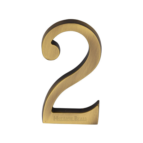 This is an image of a Heritage Brass - Numeral 2 Concealed Fix 76mm (3") Antique Brass finish, c1564-2-at that is available to order from T.H Wiggans Ironmongery in Kendal.