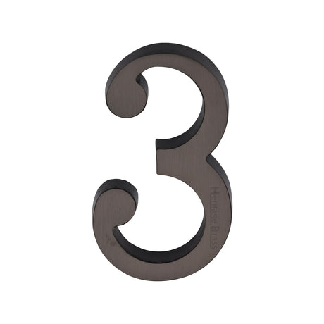 This is an image of a Heritage Brass - Numeral 3 Concealed Fix 76mm (3") Matt Bronze finish, c1564-3-mb that is available to order from T.H Wiggans Ironmongery in Kendal.