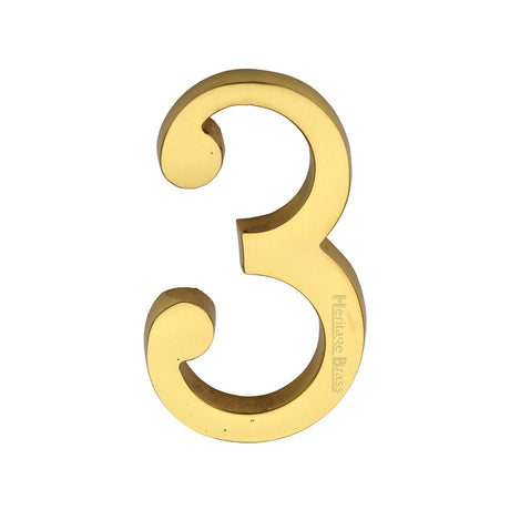 This is an image of a Heritage Brass - Numeral 3 Concealed Fix 76mm (3") Polished Brass finish, c1564-3-pb that is available to order from T.H Wiggans Ironmongery in Kendal.