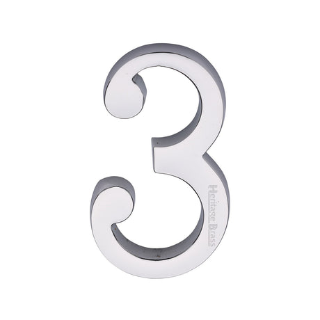 This is an image of a Heritage Brass - Numeral 3 Concealed Fix 76mm (3") Polished Chrome finish, c1564-3-pc that is available to order from T.H Wiggans Ironmongery in Kendal.