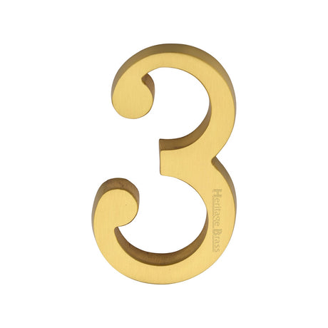 This is an image of a Heritage Brass - Numeral 3 Concealed Fix 76mm (3") Satin Brass finish, c1564-3-sb that is available to order from T.H Wiggans Ironmongery in Kendal.