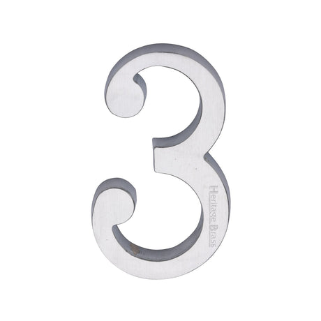This is an image of a Heritage Brass - Numeral 3 Concealed Fix 76mm (3") Satin Chrome finish, c1564-3-sc that is available to order from T.H Wiggans Ironmongery in Kendal.