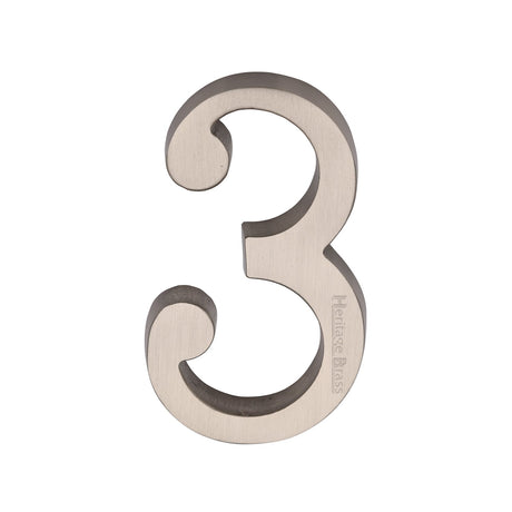 This is an image of a Heritage Brass - Numeral 3 Concealed Fix 76mm (3") Satin Nickel finish, c1564-3-sn that is available to order from T.H Wiggans Ironmongery in Kendal.