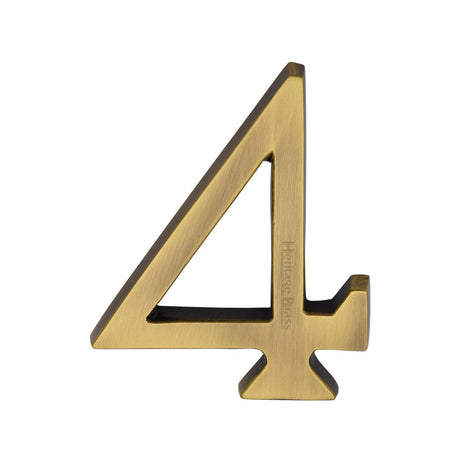 This is an image of a Heritage Brass - Numeral 4 Concealed Fix 76mm (3") Antique Brass finish, c1564-4-at that is available to order from T.H Wiggans Ironmongery in Kendal.