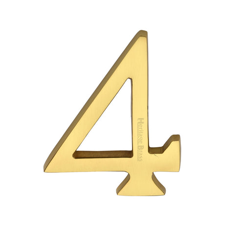 This is an image of a Heritage Brass - Numeral 4 Concealed Fix 76mm (3") Polished Brass finish, c1564-4-pb that is available to order from T.H Wiggans Ironmongery in Kendal.