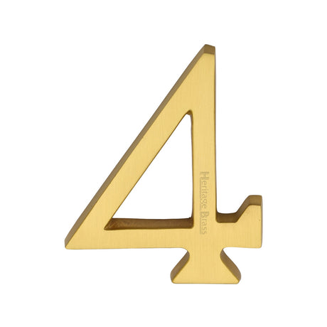 This is an image of a Heritage Brass - Numeral 4 Concealed Fix 76mm (3") Satin Brass finish, c1564-4-sb that is available to order from T.H Wiggans Ironmongery in Kendal.