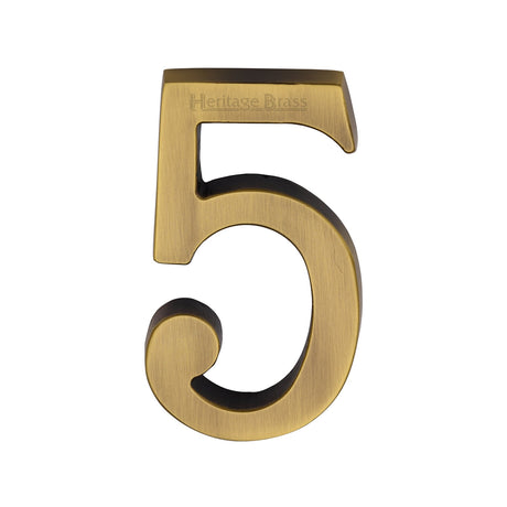 This is an image of a Heritage Brass - Numeral 5 Concealed Fix 76mm (3") Antique Brass finish, c1564-5-at that is available to order from T.H Wiggans Ironmongery in Kendal.