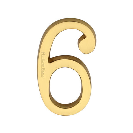 This is an image of a Heritage Brass - Numeral 6 Concealed Fix 76mm (3") Polished Brass finish, c1564-6-pb that is available to order from T.H Wiggans Ironmongery in Kendal.