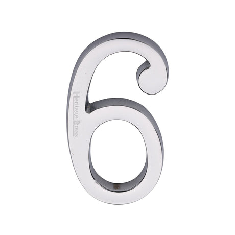 This is an image of a Heritage Brass - Numeral 6 Concealed Fix 76mm (3") Polished Chrome finish, c1564-6-pc that is available to order from T.H Wiggans Ironmongery in Kendal.