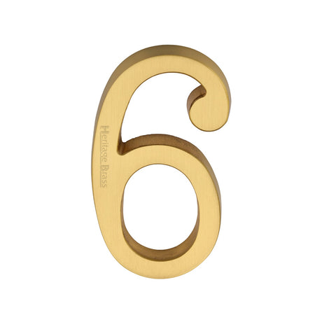 This is an image of a Heritage Brass - Numeral 6 Concealed Fix 76mm (3") Satin Brass finish, c1564-6-sb that is available to order from T.H Wiggans Ironmongery in Kendal.