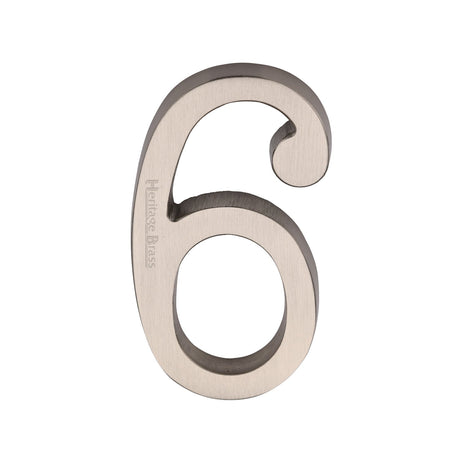 This is an image of a Heritage Brass - Numeral 6 Concealed Fix 76mm (3") Satin Nickel finish, c1564-6-sn that is available to order from T.H Wiggans Ironmongery in Kendal.