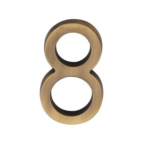 This is an image of a Heritage Brass - Numeral 8 Concealed Fix 76mm (3") Antique Brass finish Brass finish, c1564-8-at that is available to order from T.H Wiggans Ironmongery in Kendal.