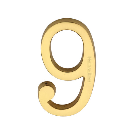This is an image of a Heritage Brass - Numeral 9 Concealed Fix 76mm (3) Polished Brass finish, c1564-9-pb that is available to order from T.H Wiggans Ironmongery in Kendal.