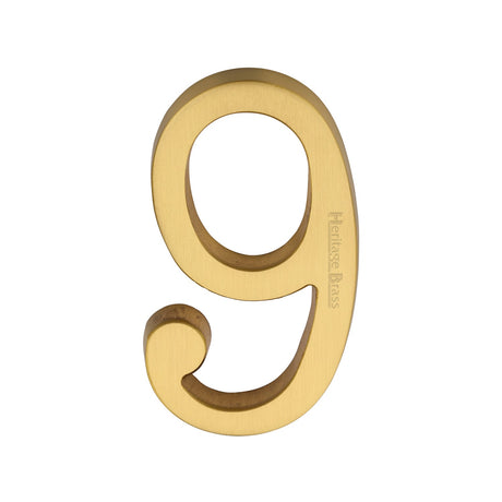 This is an image of a Heritage Brass - Numeral 9 Concealed Fix 76mm (3) Satin Brass finish, c1564-9-sb that is available to order from T.H Wiggans Ironmongery in Kendal.