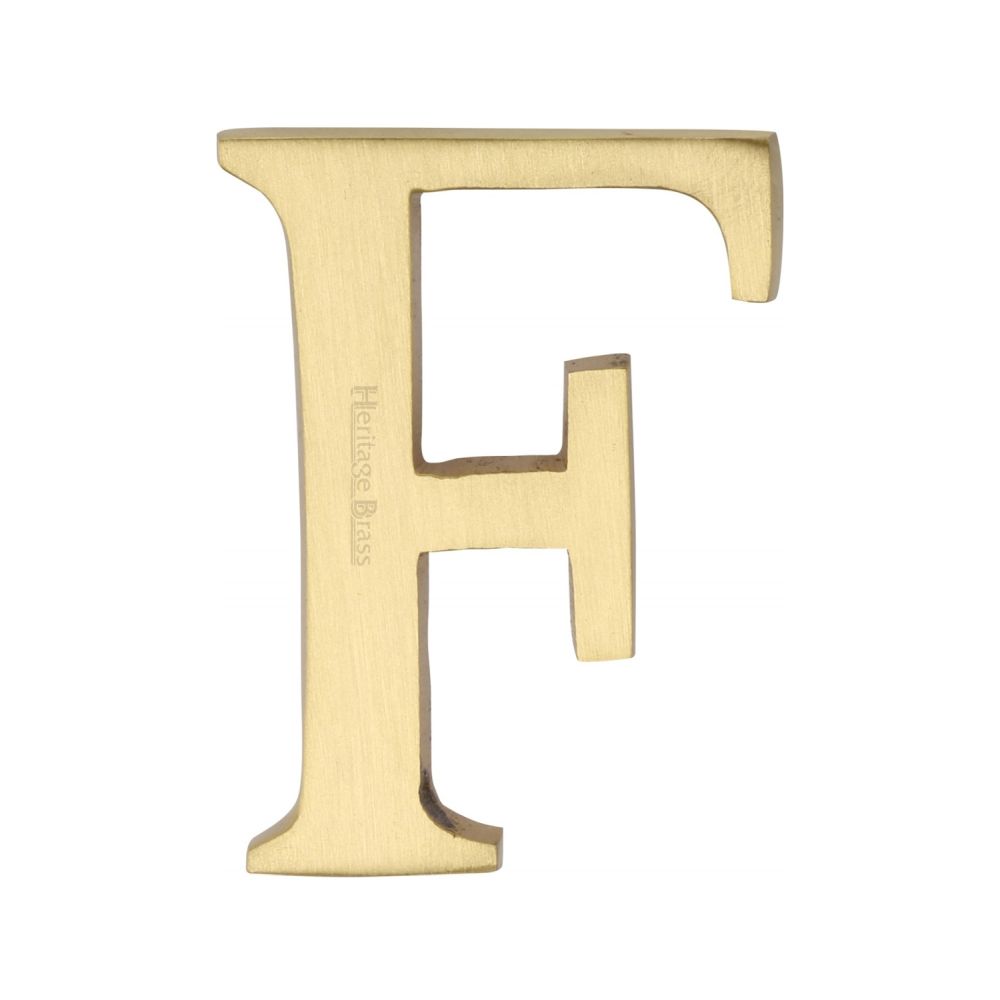This is an image of a Heritage Brass - Alphabet F Pin Fix 51mm (2") Satin Brass Finish, c1565-2-f-sb that is available to order from T.H Wiggans Ironmongery in Kendal.