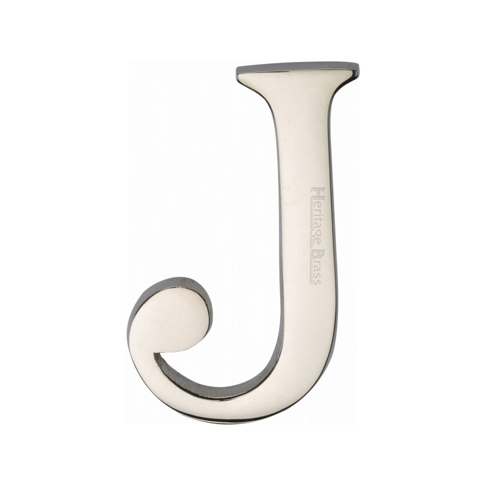 This is an image of a Heritage Brass - Alphabet J Pin Fix 51mm (2") Polished Nickel Finish, c1565-2-j-pnf that is available to order from T.H Wiggans Ironmongery in Kendal.
