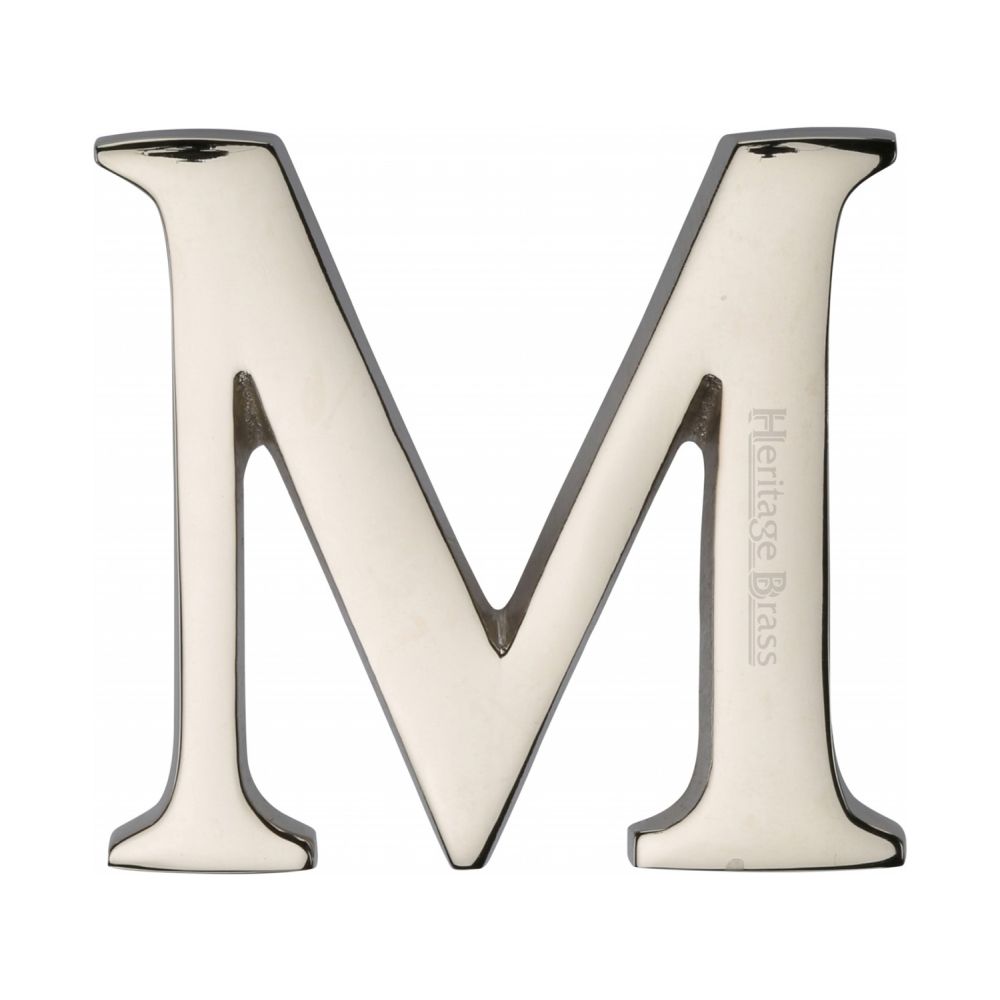 This is an image of a Heritage Brass - Alphabet M Pin Fix 51mm (2") Polished Nickel Finish, c1565-2-m-pnf that is available to order from T.H Wiggans Ironmongery in Kendal.