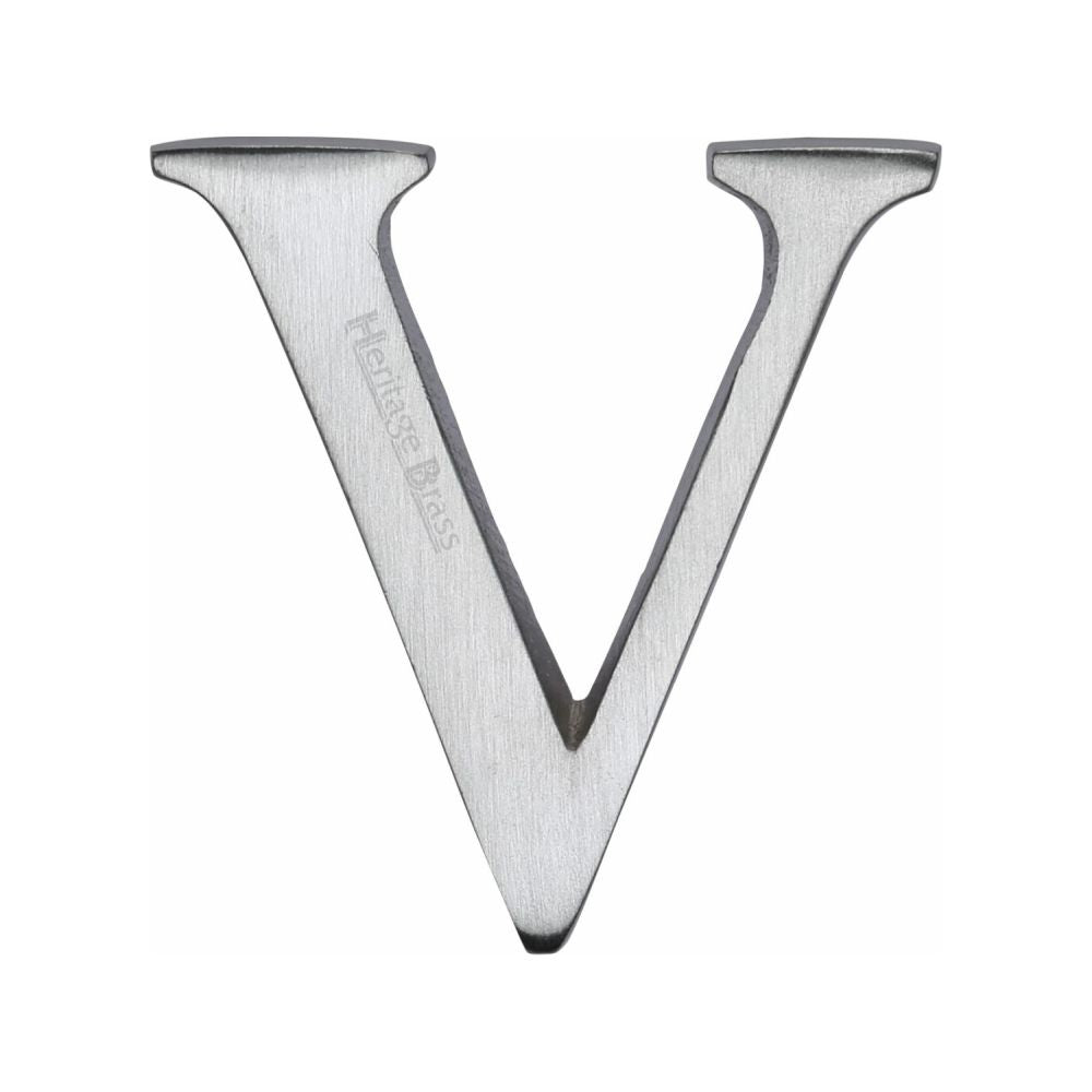 This is an image of a Heritage Brass - Alphabet V Pin Fix 51mm (2") Satin Chrome Finish, c1565-2-v-sc that is available to order from T.H Wiggans Ironmongery in Kendal.