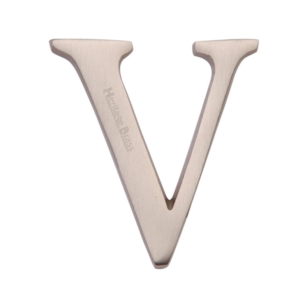 This is an image of a Heritage Brass - Alphabet V Pin Fix 51mm (2") Satin Nickel Finish, c1565-2-v-sn that is available to order from T.H Wiggans Ironmongery in Kendal.