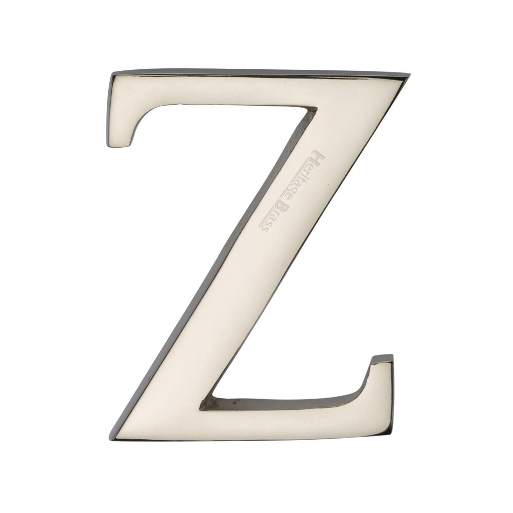 This is an image of a Heritage Brass - Alphabet Z Pin Fix 51mm (2") Polished Nickel Finish, c1565-2-z-pnf that is available to order from T.H Wiggans Ironmongery in Kendal.