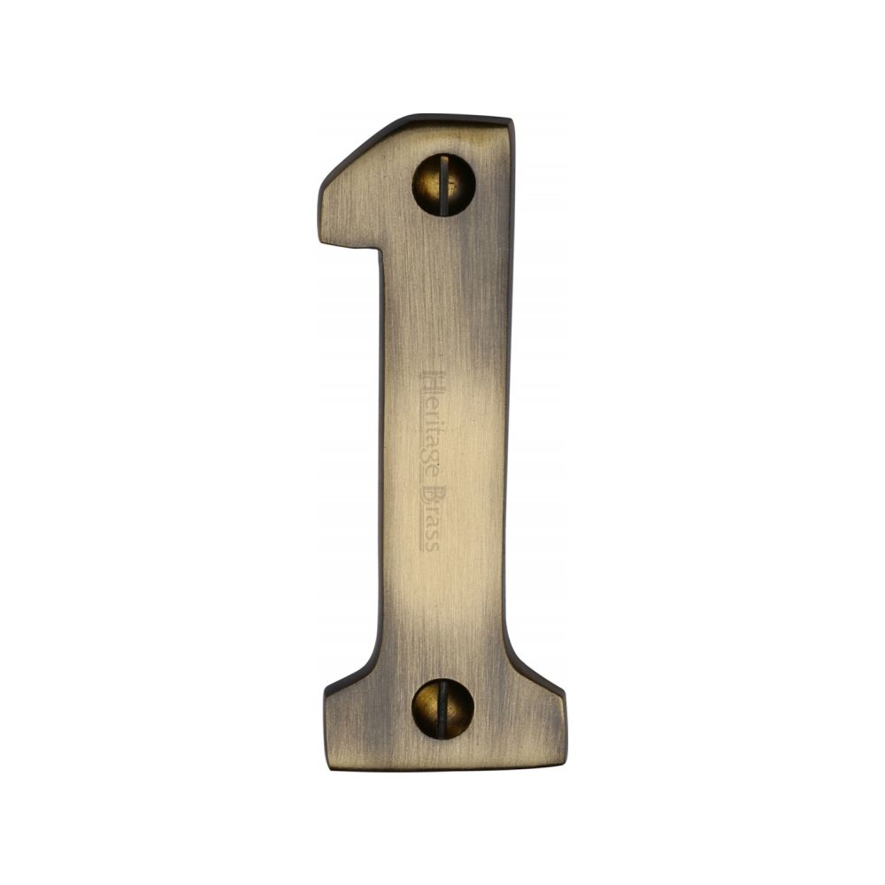 This is an image of a Heritage Brass - Numeral 1 Face Fix 76mm (3") Antique Brass Finish, c1566-1-at that is available to order from T.H Wiggans Ironmongery in Kendal.