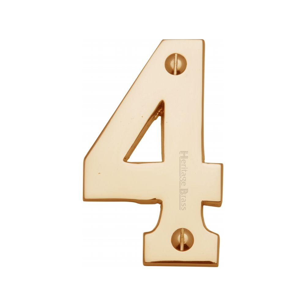 This is an image of a Heritage Brass - Numeral 4 Face Fix 76mm (3") Polished Brass Finish, c1566-4-pb that is available to order from T.H Wiggans Ironmongery in Kendal.