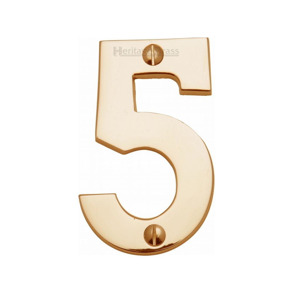 This is an image of a Heritage Brass - Numeral 5 Face Fix 76mm (3") Polished Brass Finish, c1566-5-pb that is available to order from T.H Wiggans Ironmongery in Kendal.