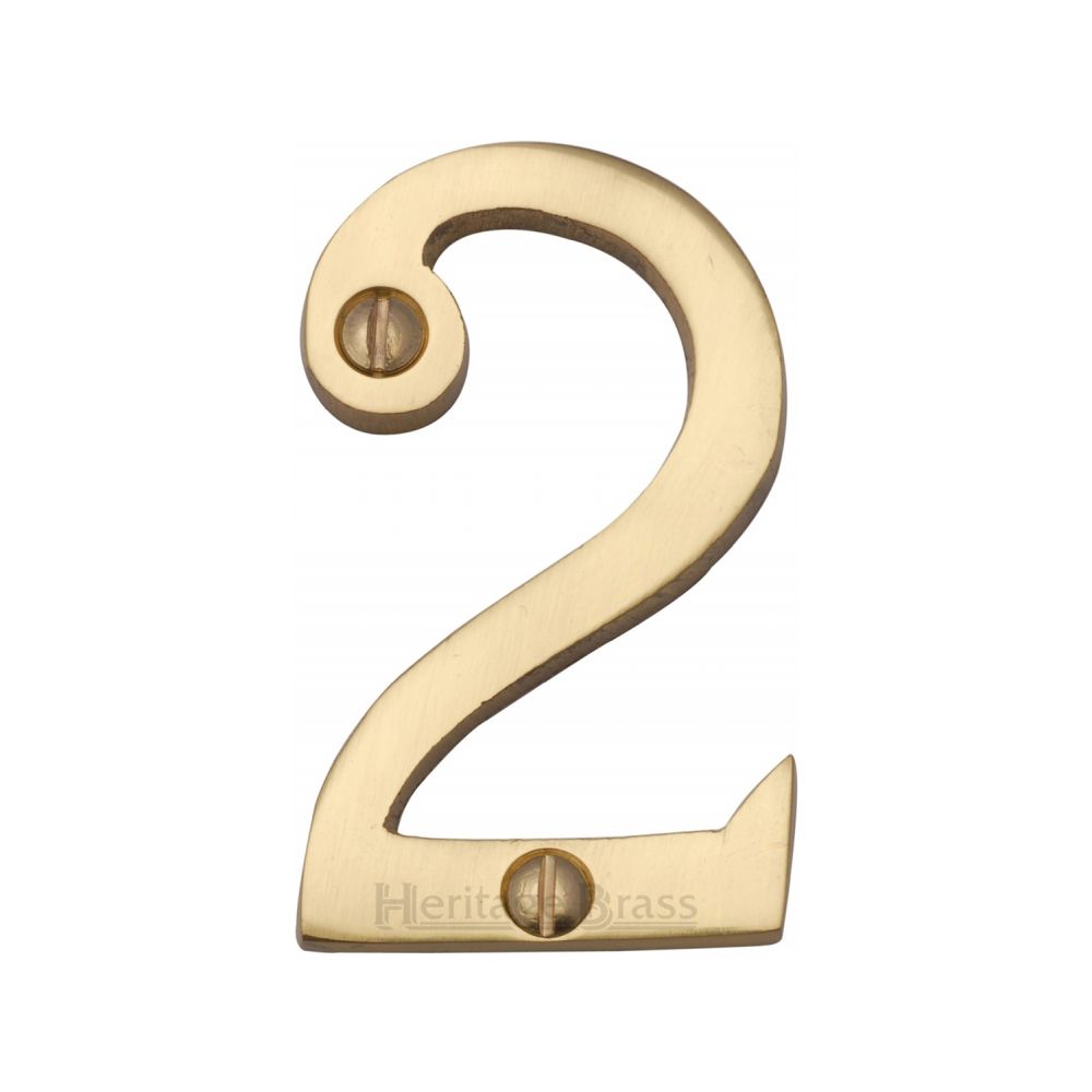 This is an image of a Heritage Brass - Numeral 2 Face Fix 51mm (2") Polished Brass Finish, c1567-2-pb that is available to order from T.H Wiggans Ironmongery in Kendal.