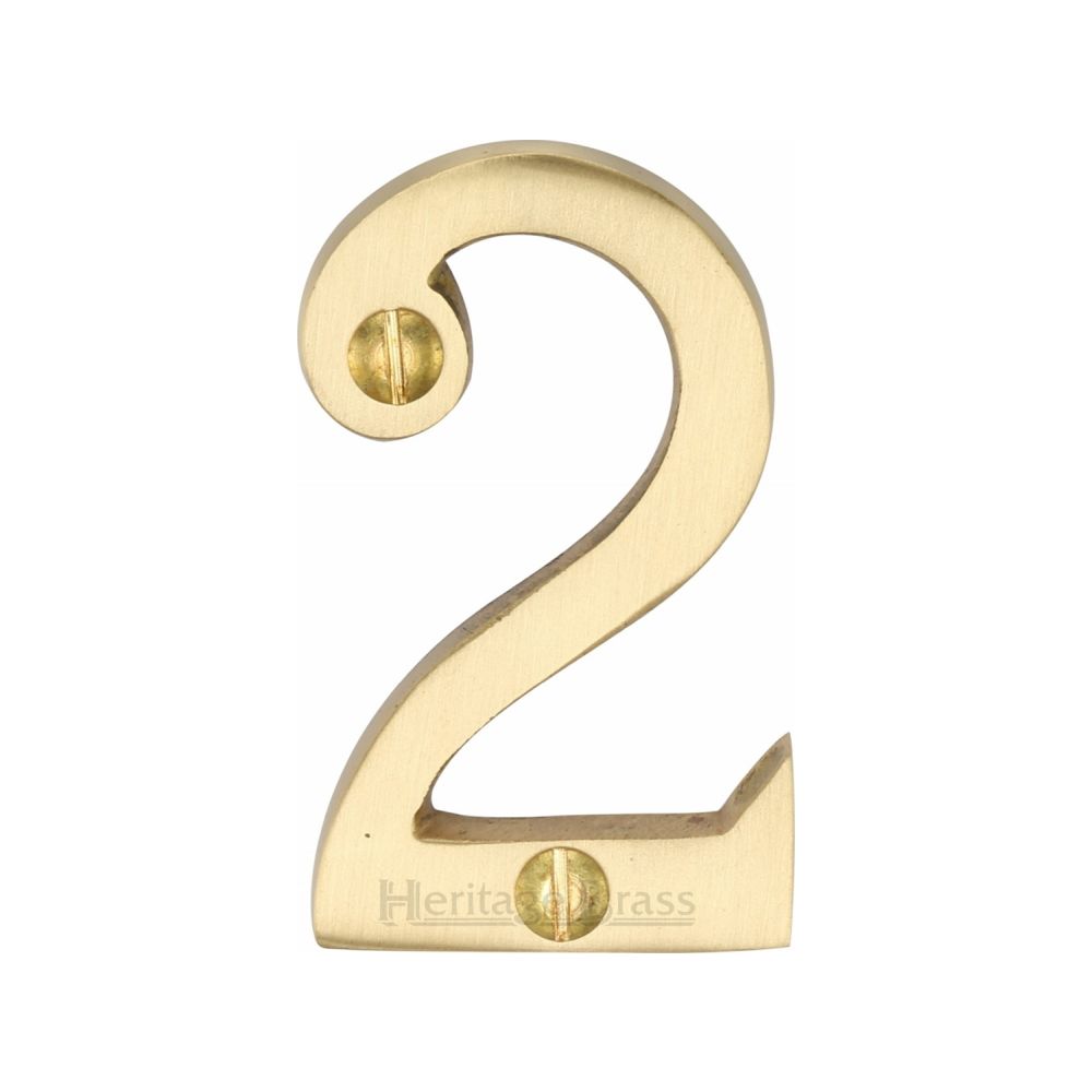 This is an image of a Heritage Brass - Numeral 2 Face Fix 51mm (2") Satin Brass Finish, c1567-2-sb that is available to order from T.H Wiggans Ironmongery in Kendal.