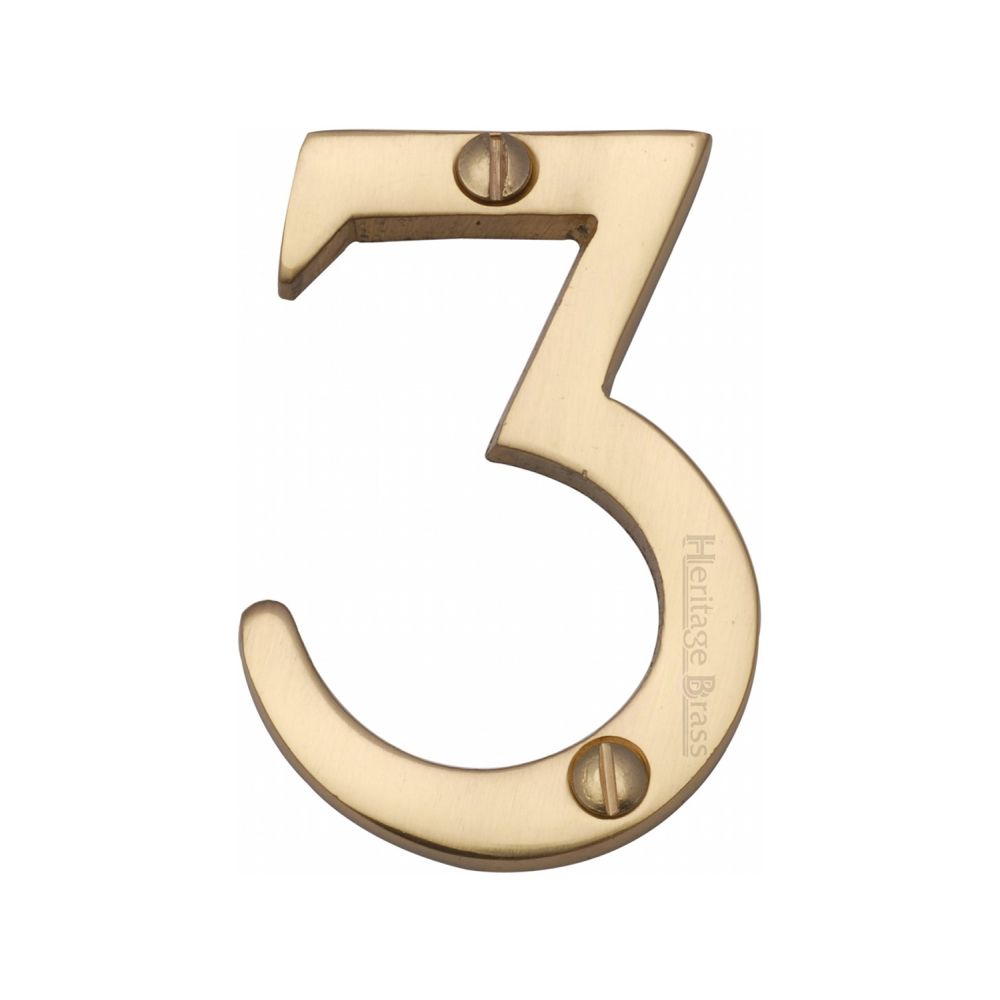 This is an image of a Heritage Brass - Numeral 3 Face Fix 51mm (2") Polished Brass Finish, c1567-3-pb that is available to order from T.H Wiggans Ironmongery in Kendal.
