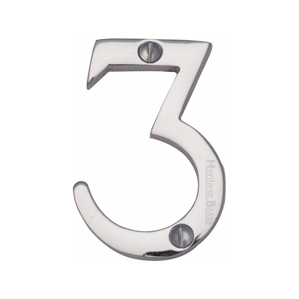 This is an image of a Heritage Brass - Numeral 3 Face Fix 51mm (2") Polished Chrome Finish, c1567-3-pc that is available to order from T.H Wiggans Ironmongery in Kendal.