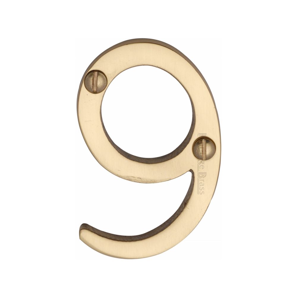 This is an image of a Heritage Brass - Numeral 9 Face Fix 51mm (2") Polished Brass Finish, c1567-9-pb that is available to order from T.H Wiggans Ironmongery in Kendal.