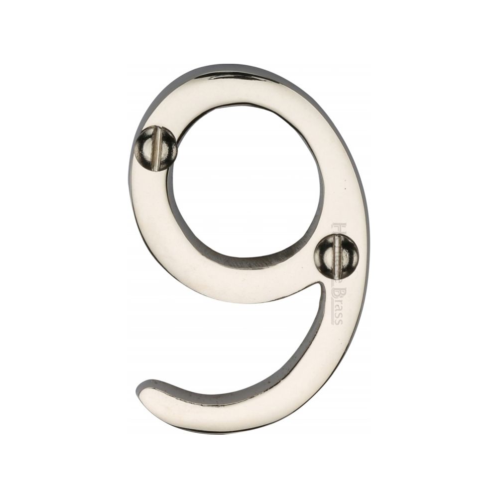 This is an image of a Heritage Brass - Numeral 9 Face Fix 51mm (2") Polished Nickel Finish, c1567-9-pnf that is available to order from T.H Wiggans Ironmongery in Kendal.