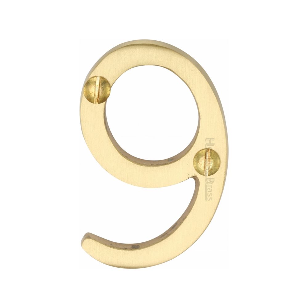 This is an image of a Heritage Brass - Numeral 9 Face Fix 51mm (2") Satin Brass Finish, c1567-9-sb that is available to order from T.H Wiggans Ironmongery in Kendal.