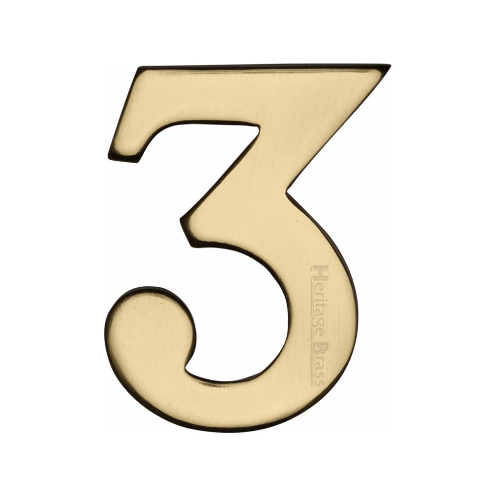 This is an image of a Heritage Brass - Numeral 3 Self Adhesive 51mm (2") Polished Brass Finish, c1568-3-pb that is available to order from T.H Wiggans Ironmongery in Kendal.