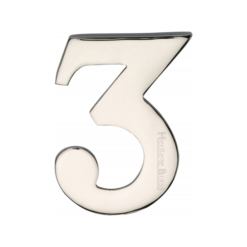 This is an image of a Heritage Brass - Numeral 3 Self Adhesive 51mm (2") Polished Nickel Finish, c1568-3-pnf that is available to order from T.H Wiggans Ironmongery in Kendal.